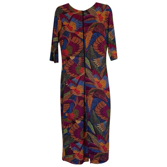 Farm Rio Dress Dotted Macaws Midi 3/4 Sleeve Fitted Jersey Tropical Vacation M - Picture 4 of 14
